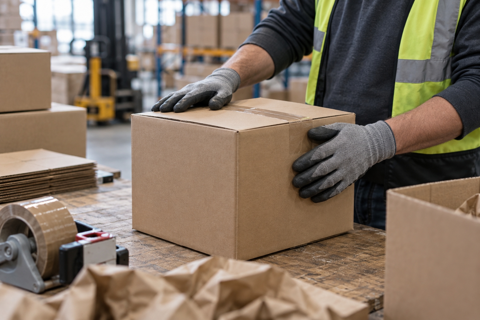Illustrative gloved hands checking a plain carton at a packing workstation