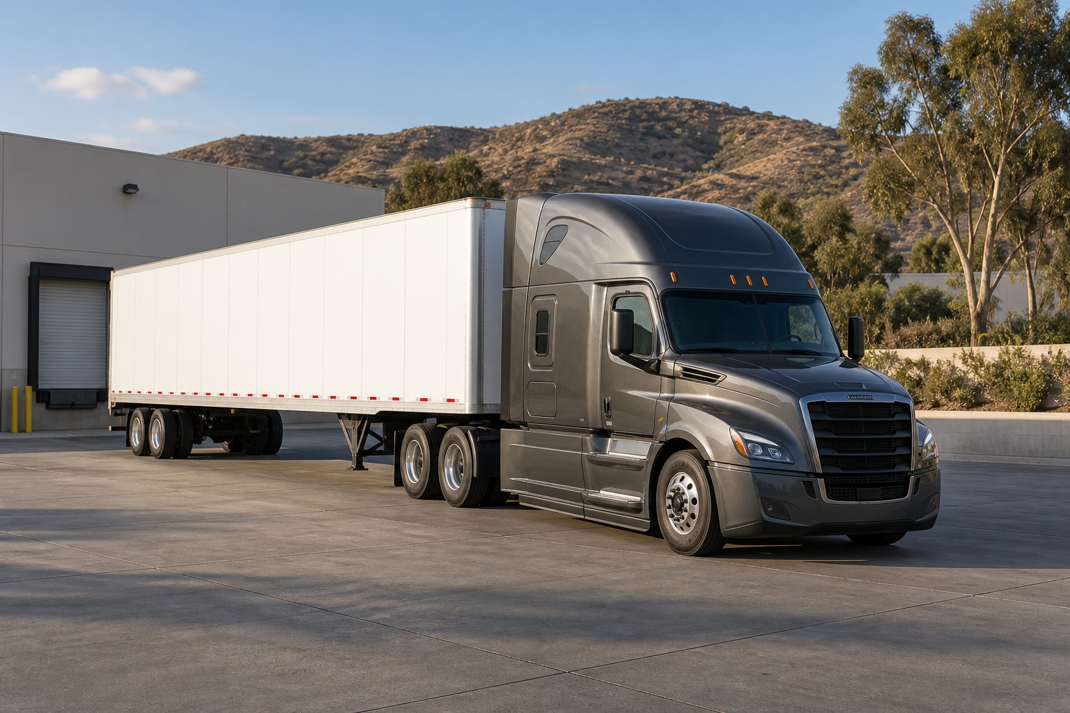 Illustrative silver truck and white trailer at a Southern California industrial yard with dry foothills